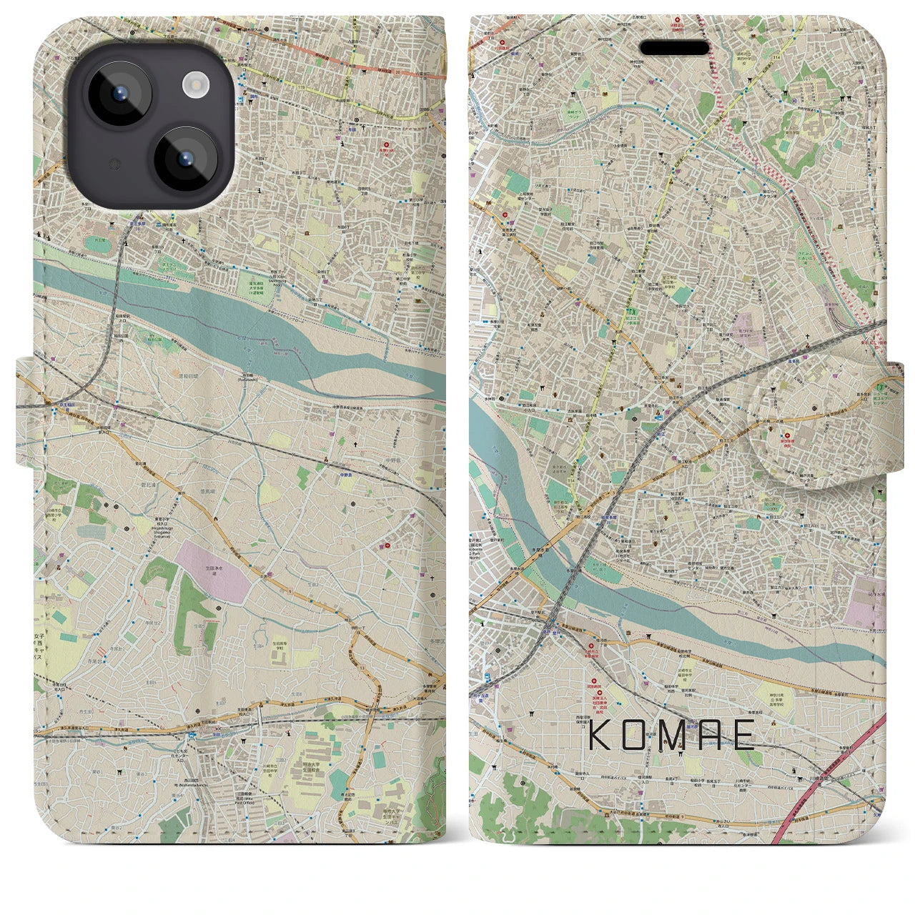 【狛江(東京都)】地図柄iPhoneケース(手帳タイプ)ナチュラル・iPhone 14 Plus 用