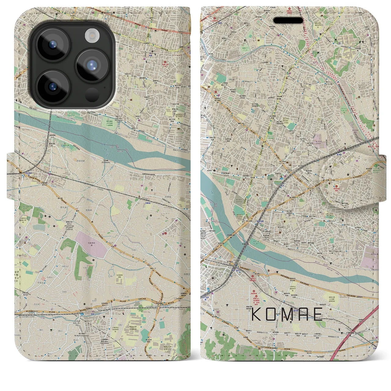 【狛江(東京都)】地図柄iPhoneケース(手帳タイプ)ナチュラル・iPhone 15 Pro Max 用
