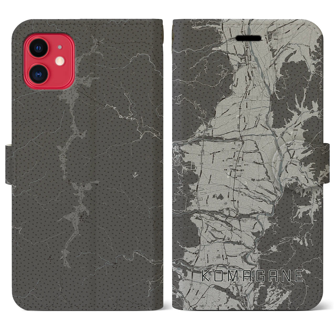 【駒ヶ根(長野県)】地図柄iPhoneケース(手帳タイプ)モノトーン・iPhone 11 用