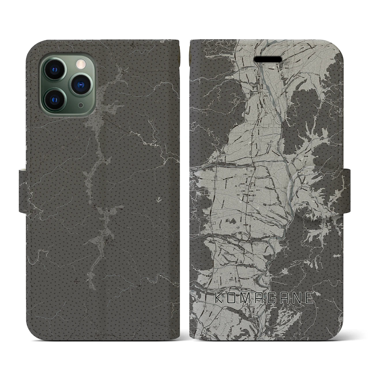 【駒ヶ根(長野県)】地図柄iPhoneケース(手帳タイプ)モノトーン・iPhone 11 Pro 用