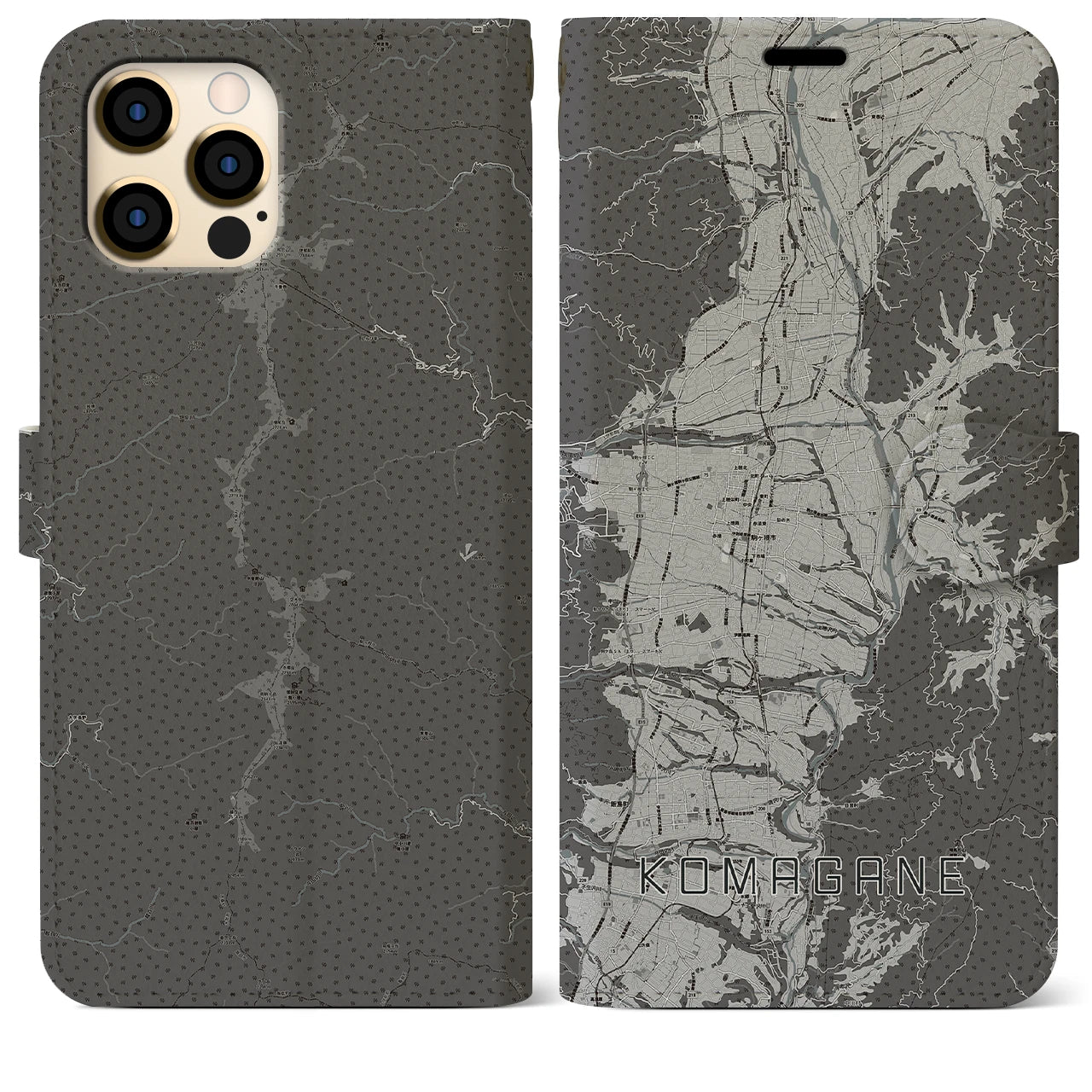 【駒ヶ根(長野県)】地図柄iPhoneケース(手帳タイプ)モノトーン・iPhone 12 Pro Max 用