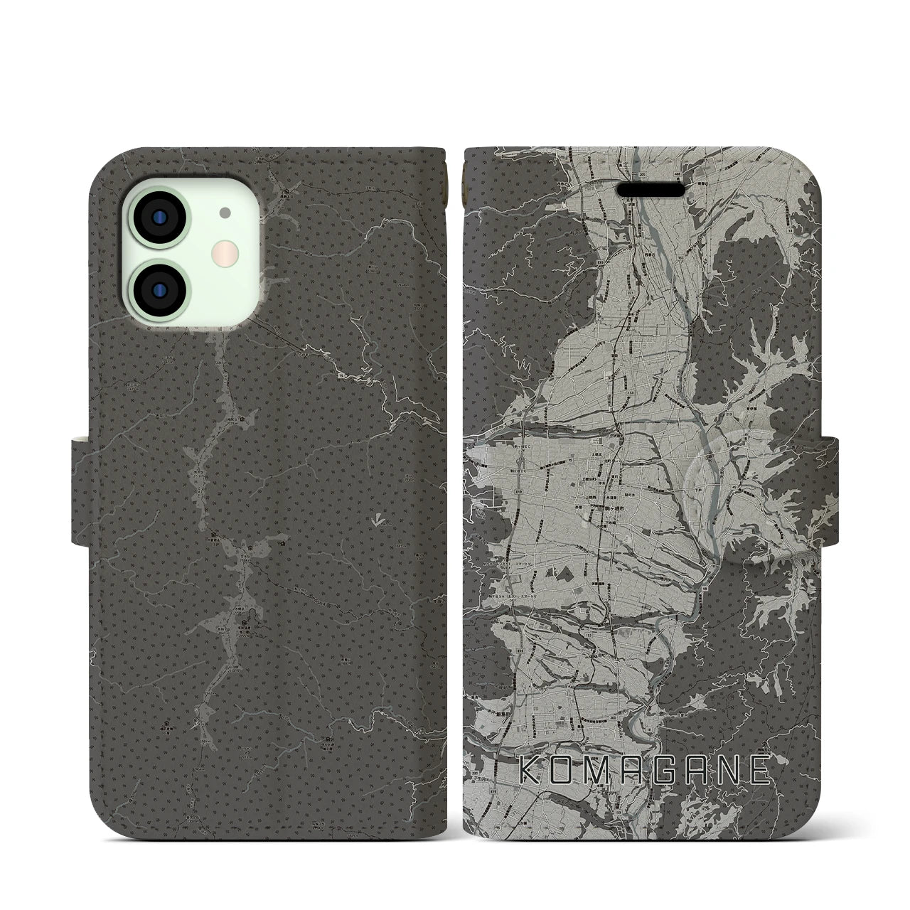 【駒ヶ根(長野県)】地図柄iPhoneケース(手帳タイプ)モノトーン・iPhone 12 mini 用