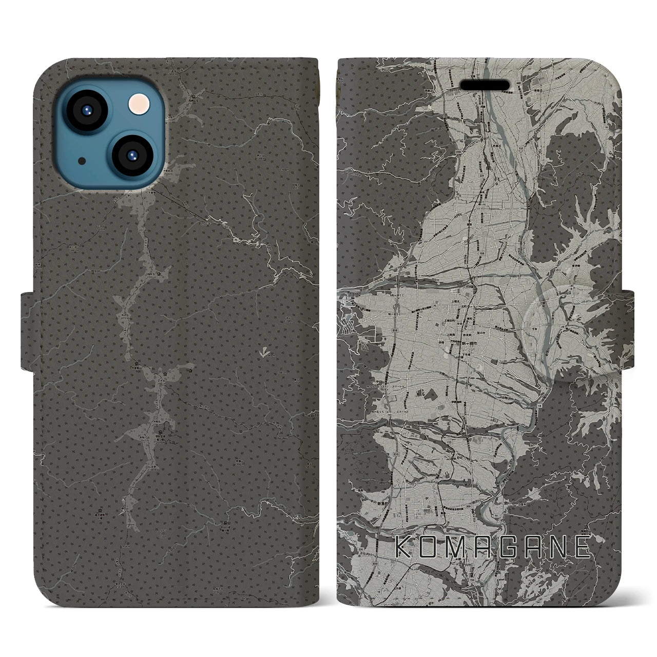 【駒ヶ根(長野県)】地図柄iPhoneケース(手帳タイプ)モノトーン・iPhone 13 用