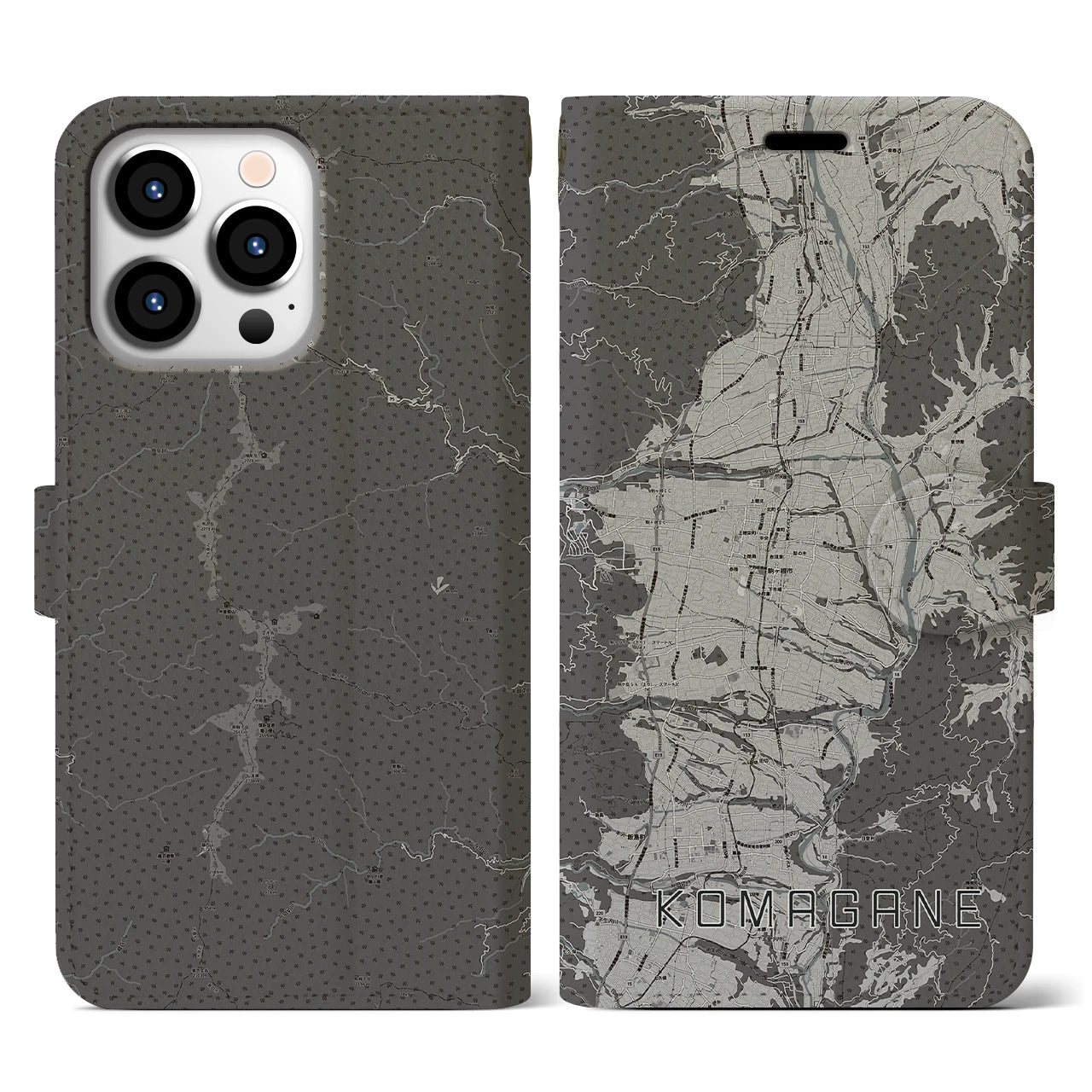 【駒ヶ根(長野県)】地図柄iPhoneケース(手帳タイプ)モノトーン・iPhone 13 Pro 用