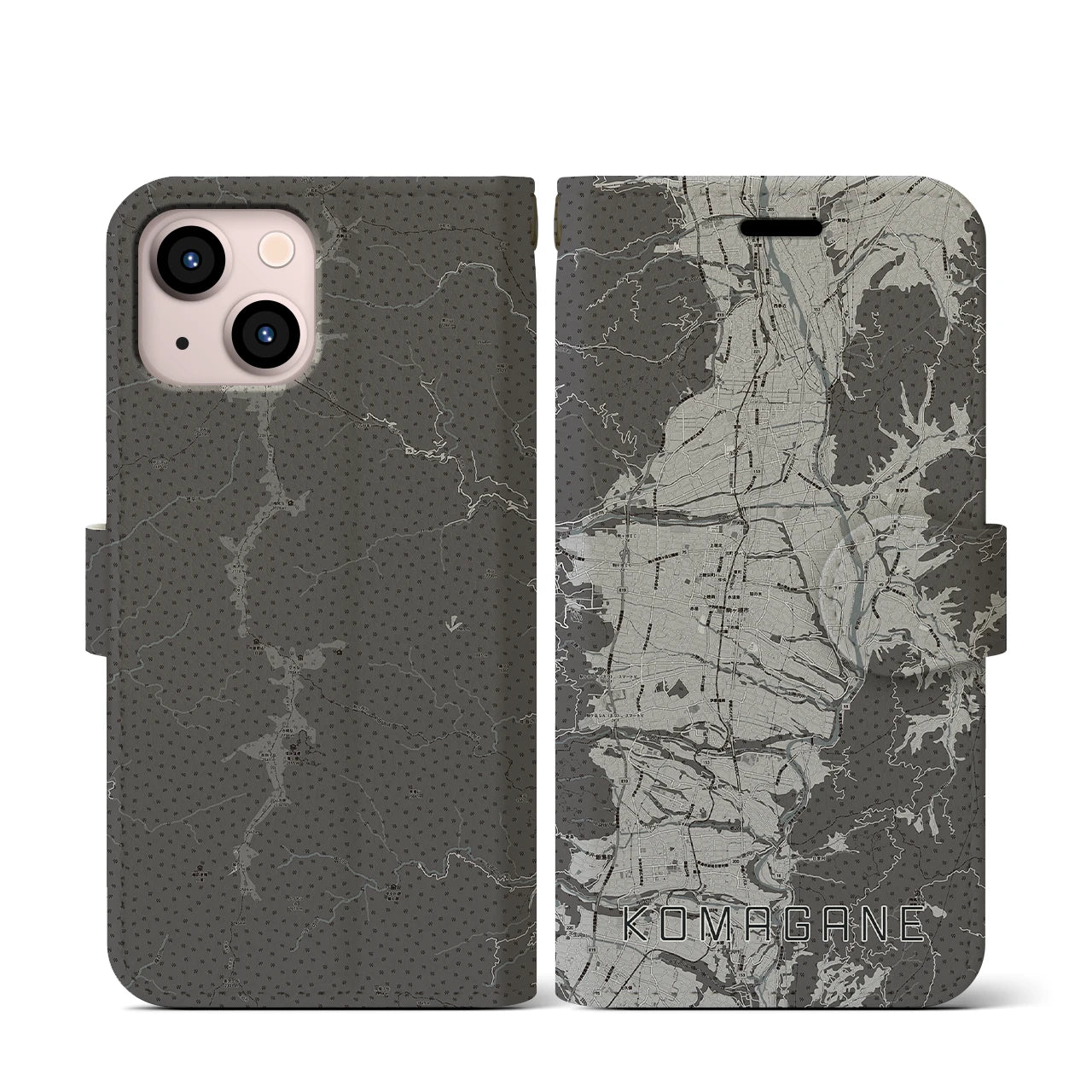 【駒ヶ根(長野県)】地図柄iPhoneケース(手帳タイプ)モノトーン・iPhone 13 mini 用