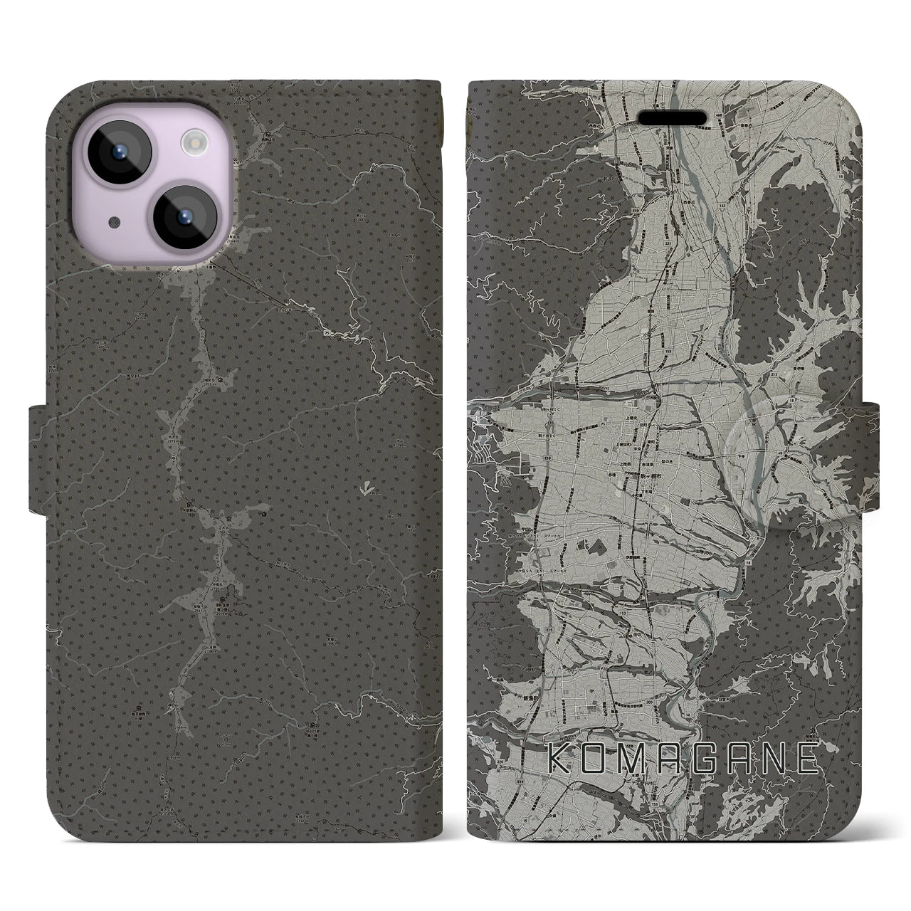 【駒ヶ根(長野県)】地図柄iPhoneケース(手帳タイプ)モノトーン・iPhone 14 用