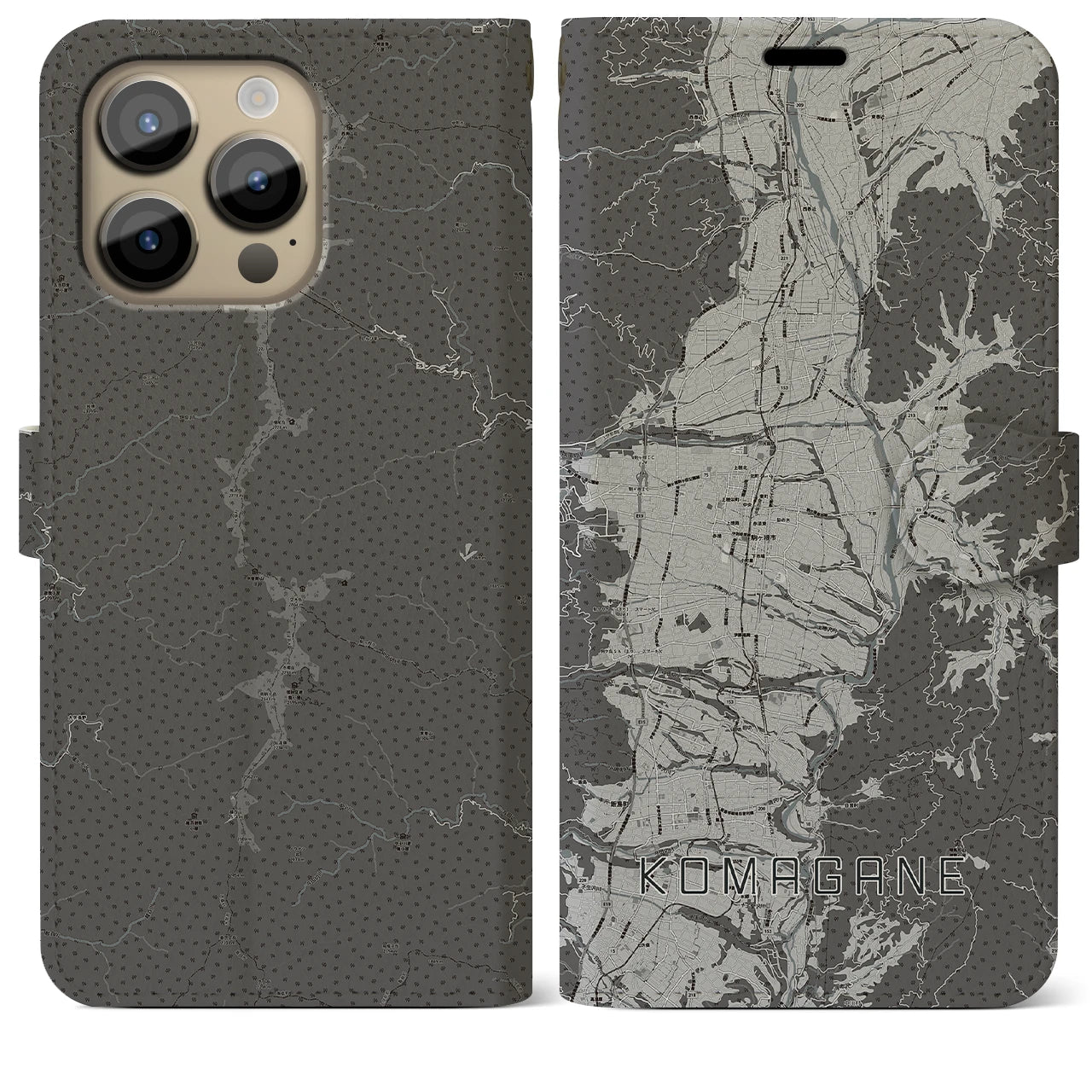 【駒ヶ根(長野県)】地図柄iPhoneケース(手帳タイプ)モノトーン・iPhone 14 Pro Max 用