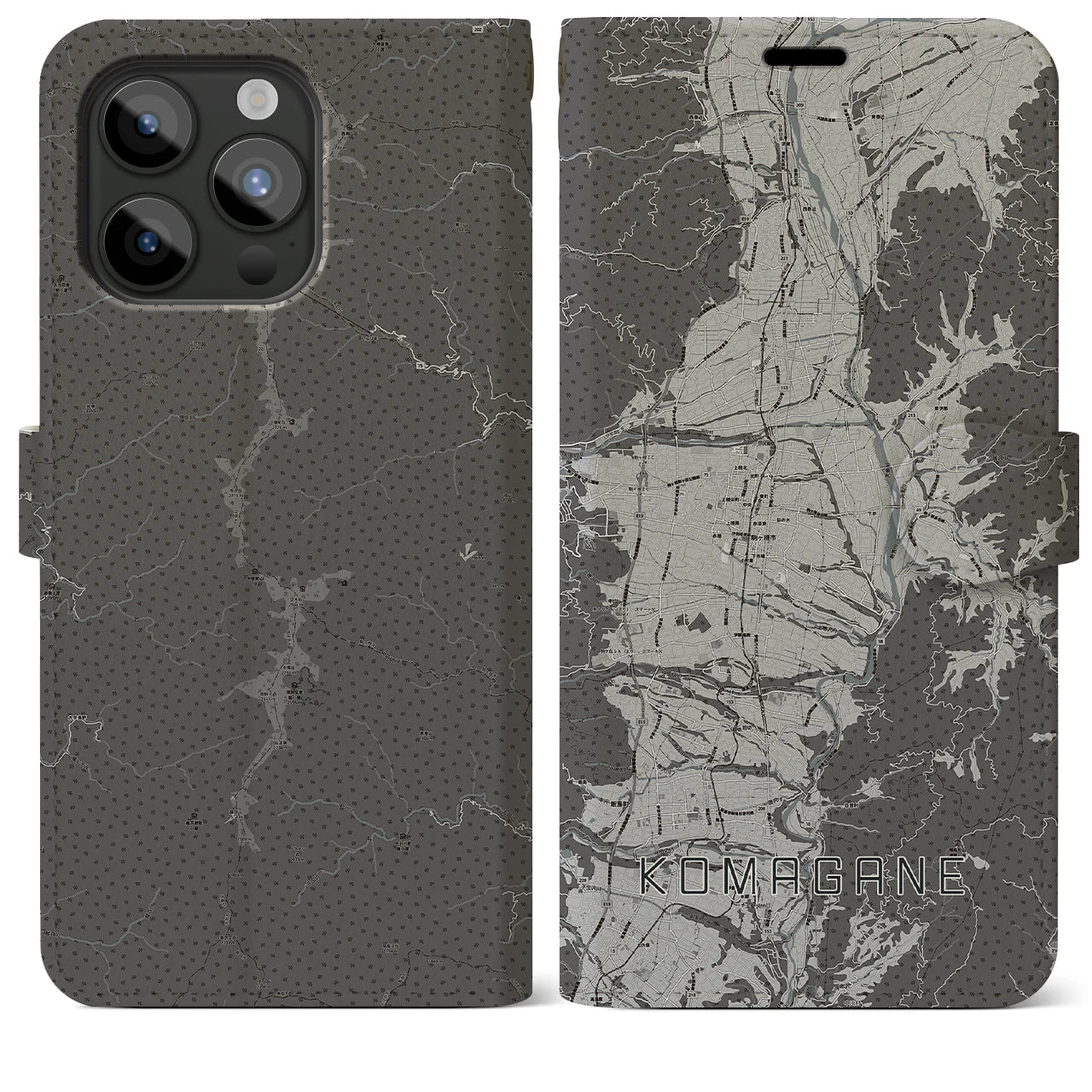 【駒ヶ根(長野県)】地図柄iPhoneケース(手帳タイプ)モノトーン・iPhone 15 Pro Max 用