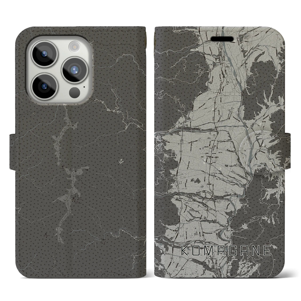 【駒ヶ根(長野県)】地図柄iPhoneケース(手帳タイプ)モノトーン・iPhone 15 Pro 用