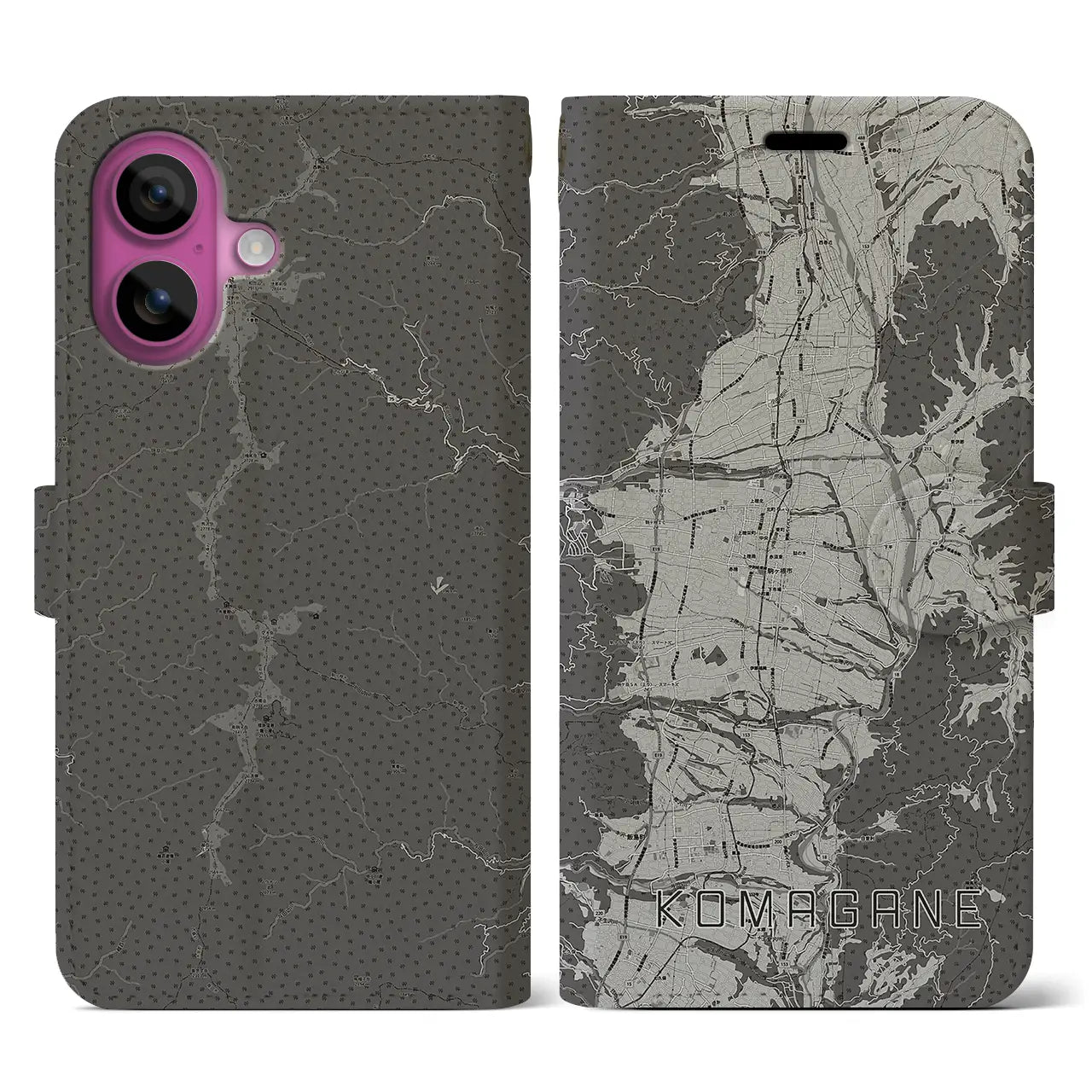 【駒ヶ根(長野県)】地図柄iPhoneケース(手帳タイプ)モノトーン・iPhone 16 Pro 用