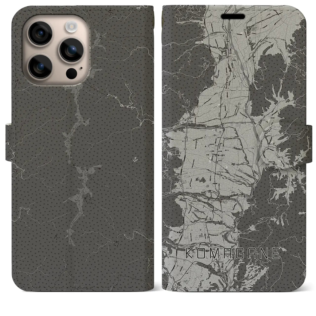 【駒ヶ根(長野県)】地図柄iPhoneケース(手帳タイプ)モノトーン・iPhone 16 Plus 用