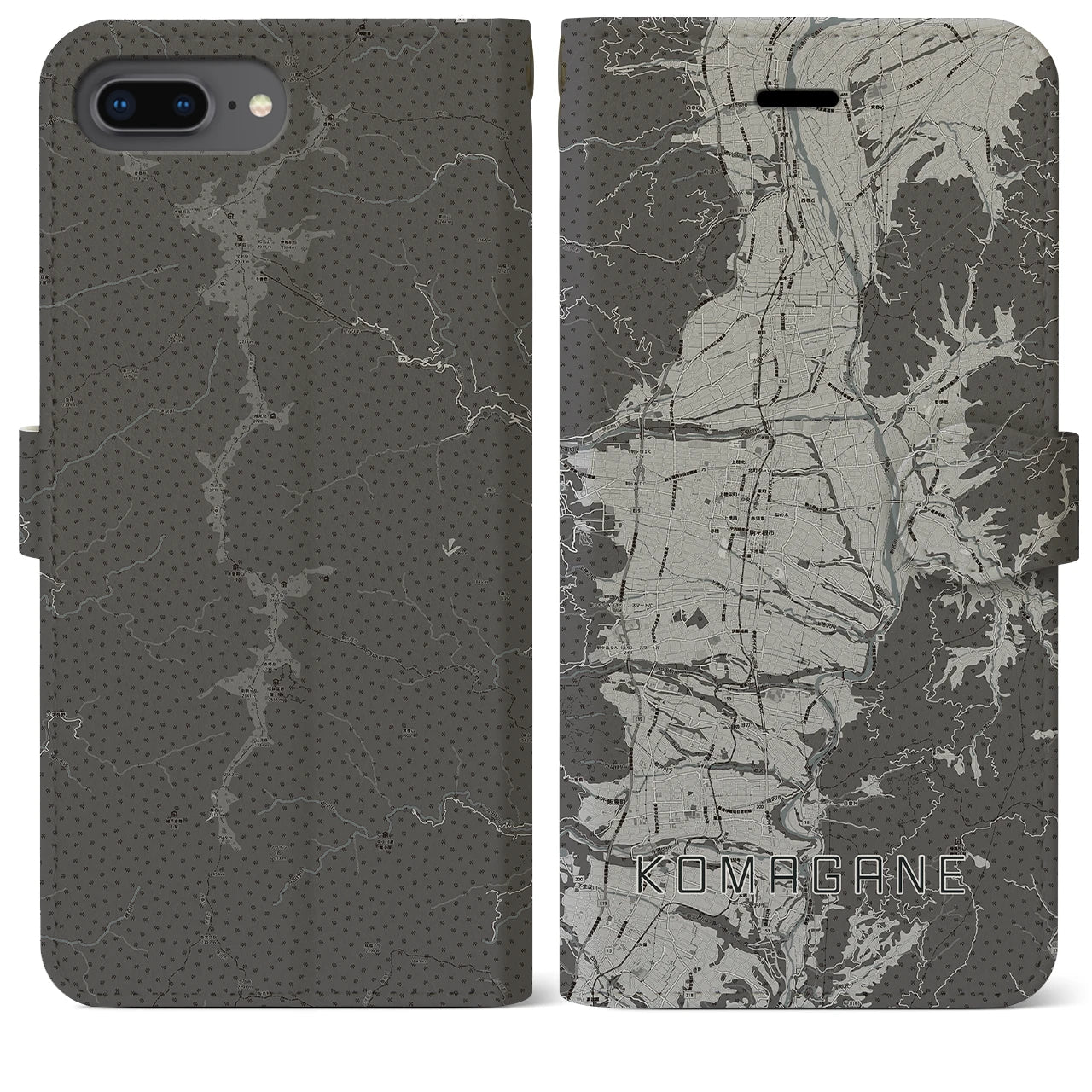 【駒ヶ根(長野県)】地図柄iPhoneケース(手帳タイプ)モノトーン・iPhone 8Plus /7Plus / 6sPlus / 6Plus 用