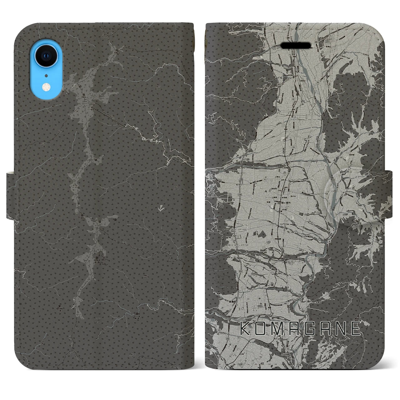 【駒ヶ根(長野県)】地図柄iPhoneケース(手帳タイプ)モノトーン・iPhone XR 用