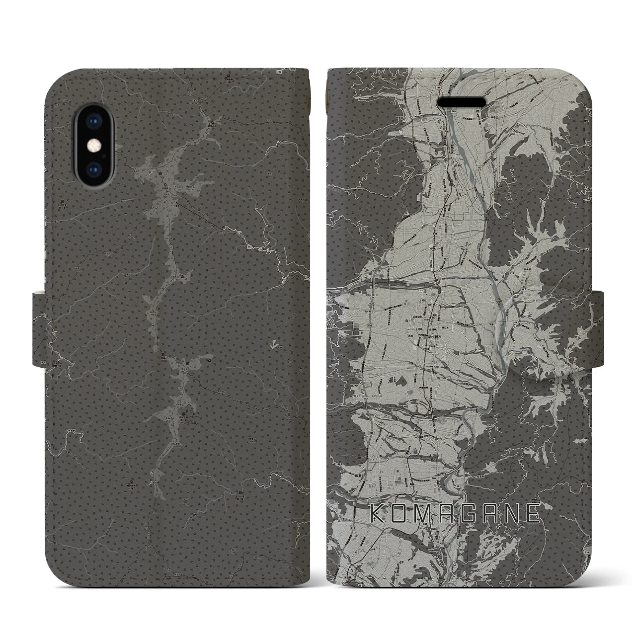 【駒ヶ根(長野県)】地図柄iPhoneケース(手帳タイプ)モノトーン・iPhone XS / X 用