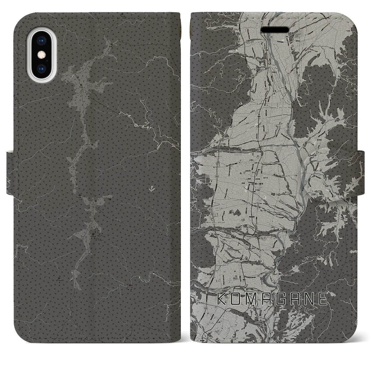 【駒ヶ根(長野県)】地図柄iPhoneケース(手帳タイプ)モノトーン・iPhone XS Max 用