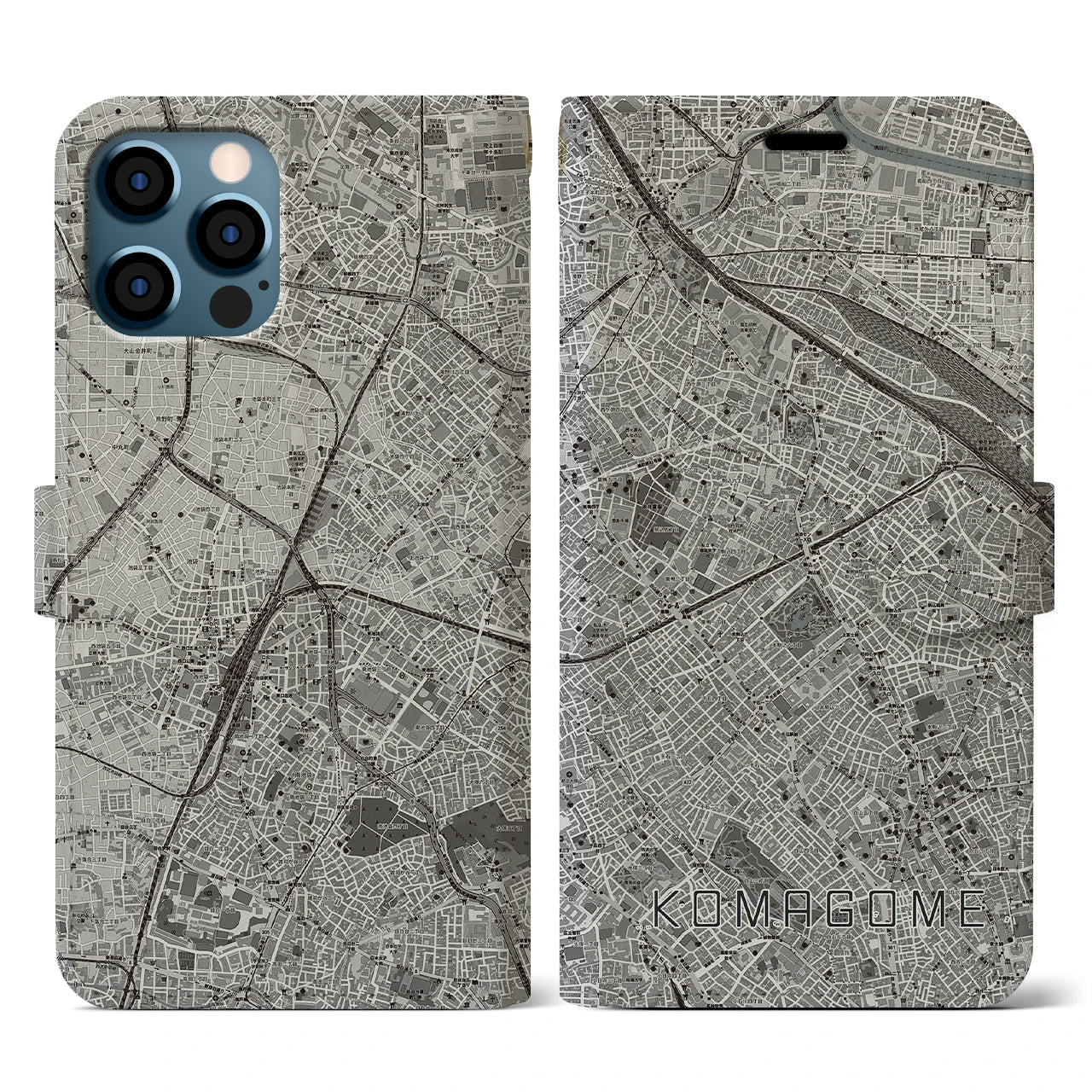 【駒込(東京都)】地図柄iPhoneケース(手帳タイプ)モノトーン・iPhone 12 / 12 Pro 用