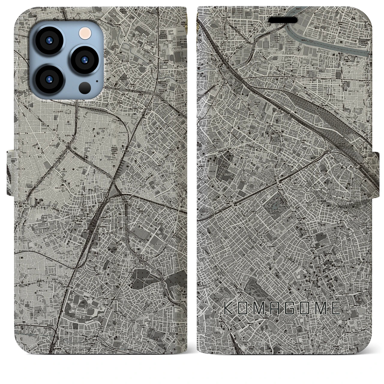 【駒込(東京都)】地図柄iPhoneケース(手帳タイプ)モノトーン・iPhone 13 Pro Max 用