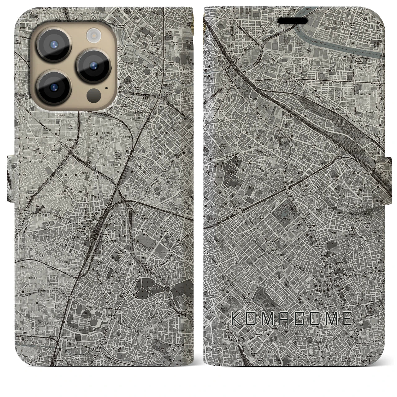 【駒込(東京都)】地図柄iPhoneケース(手帳タイプ)モノトーン・iPhone 14 Pro Max 用