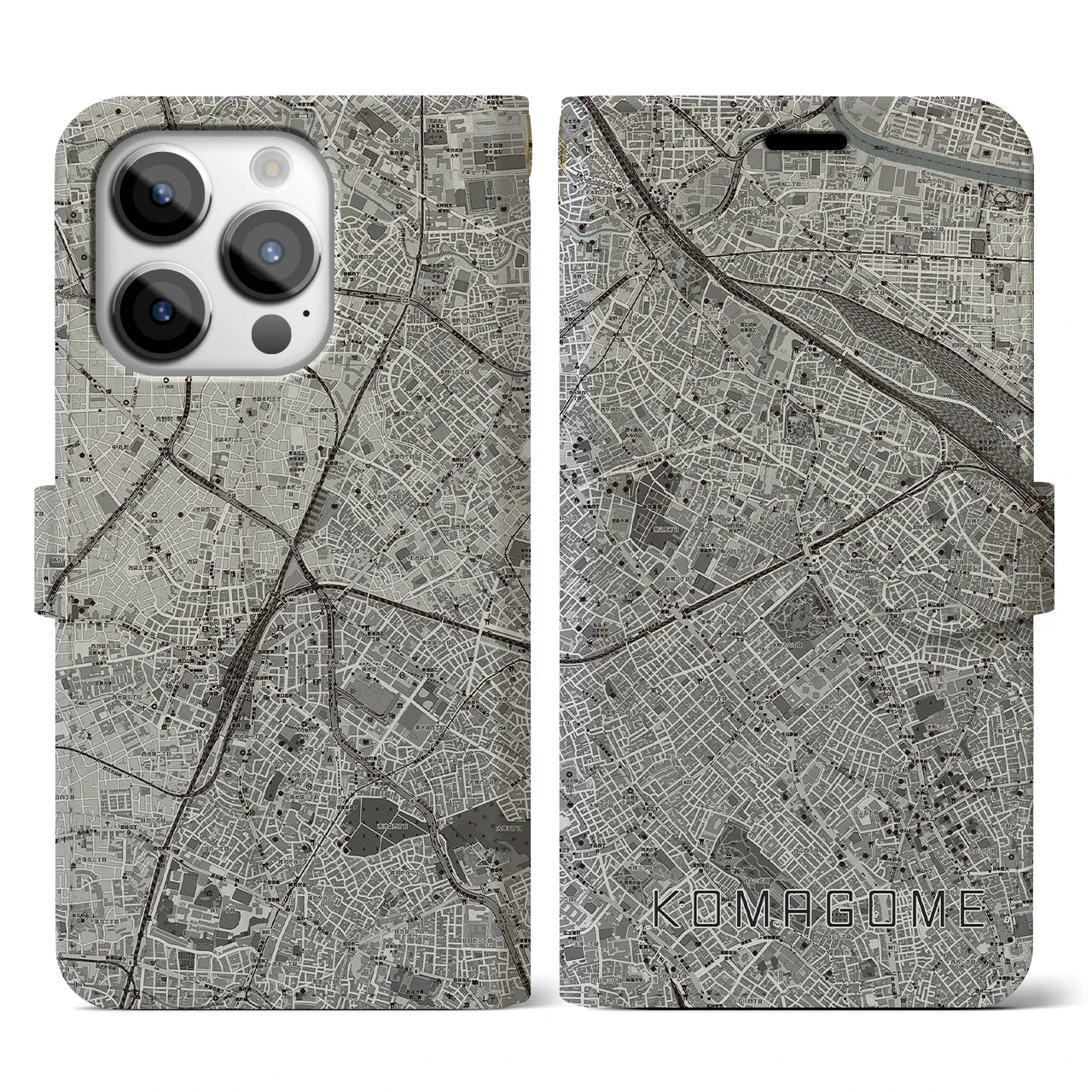 【駒込(東京都)】地図柄iPhoneケース(手帳タイプ)モノトーン・iPhone 14 Pro 用