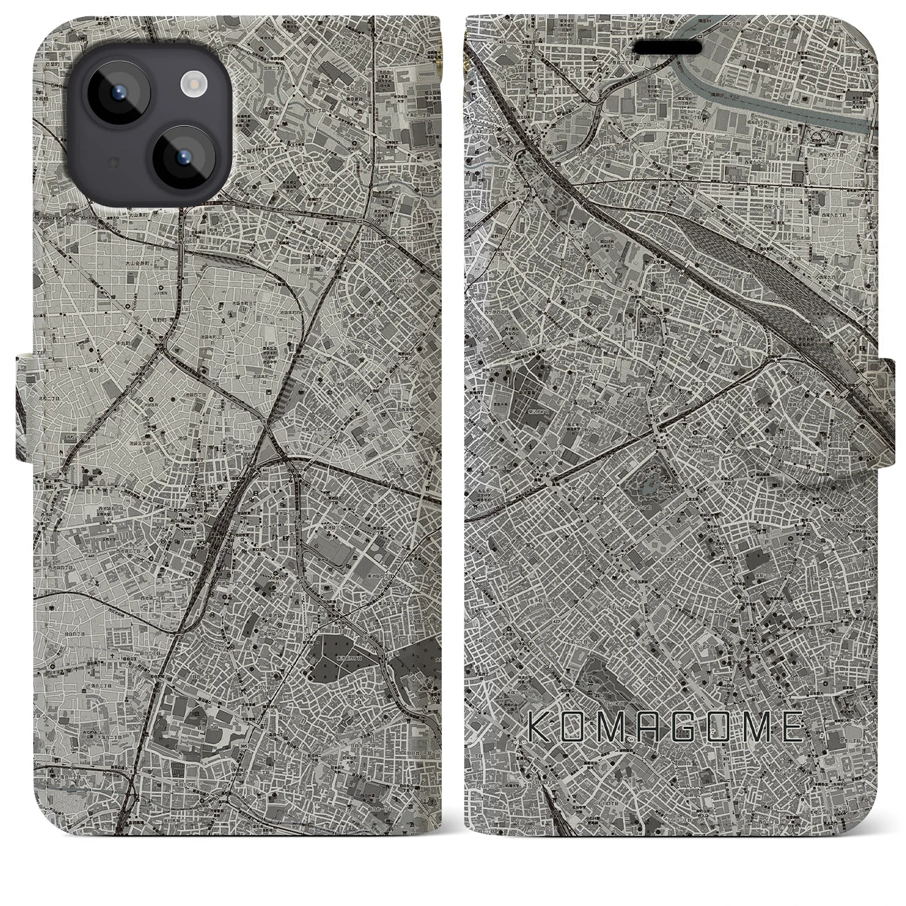 【駒込(東京都)】地図柄iPhoneケース(手帳タイプ)モノトーン・iPhone 14 Plus 用