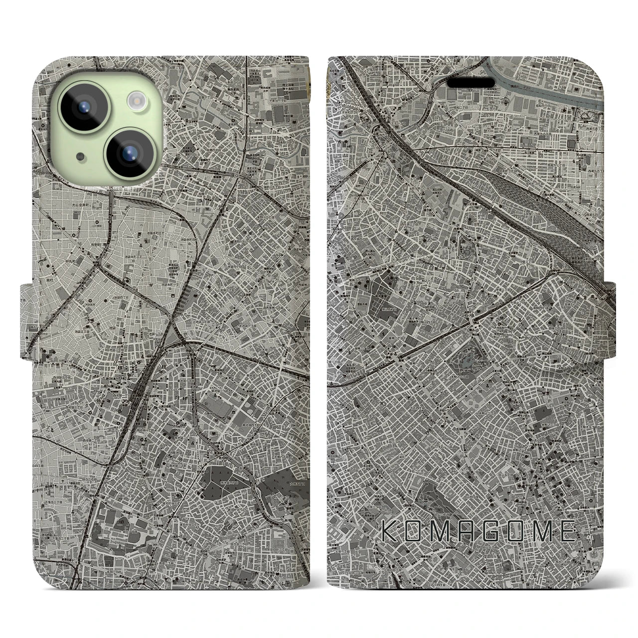 【駒込(東京都)】地図柄iPhoneケース(手帳タイプ)モノトーン・iPhone 15 用