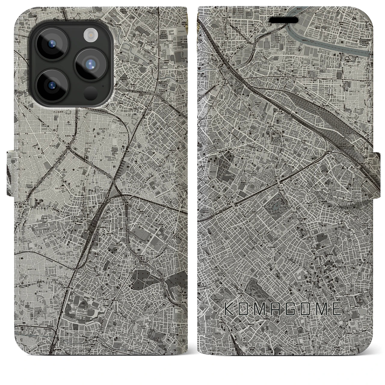 【駒込(東京都)】地図柄iPhoneケース(手帳タイプ)モノトーン・iPhone 15 Pro Max 用