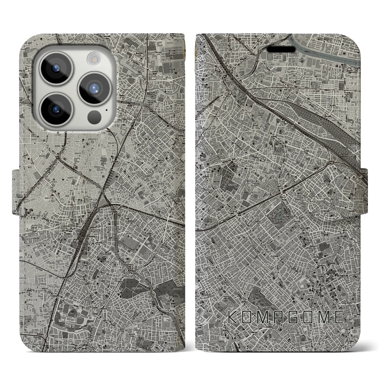 【駒込(東京都)】地図柄iPhoneケース(手帳タイプ)モノトーン・iPhone 15 Pro 用