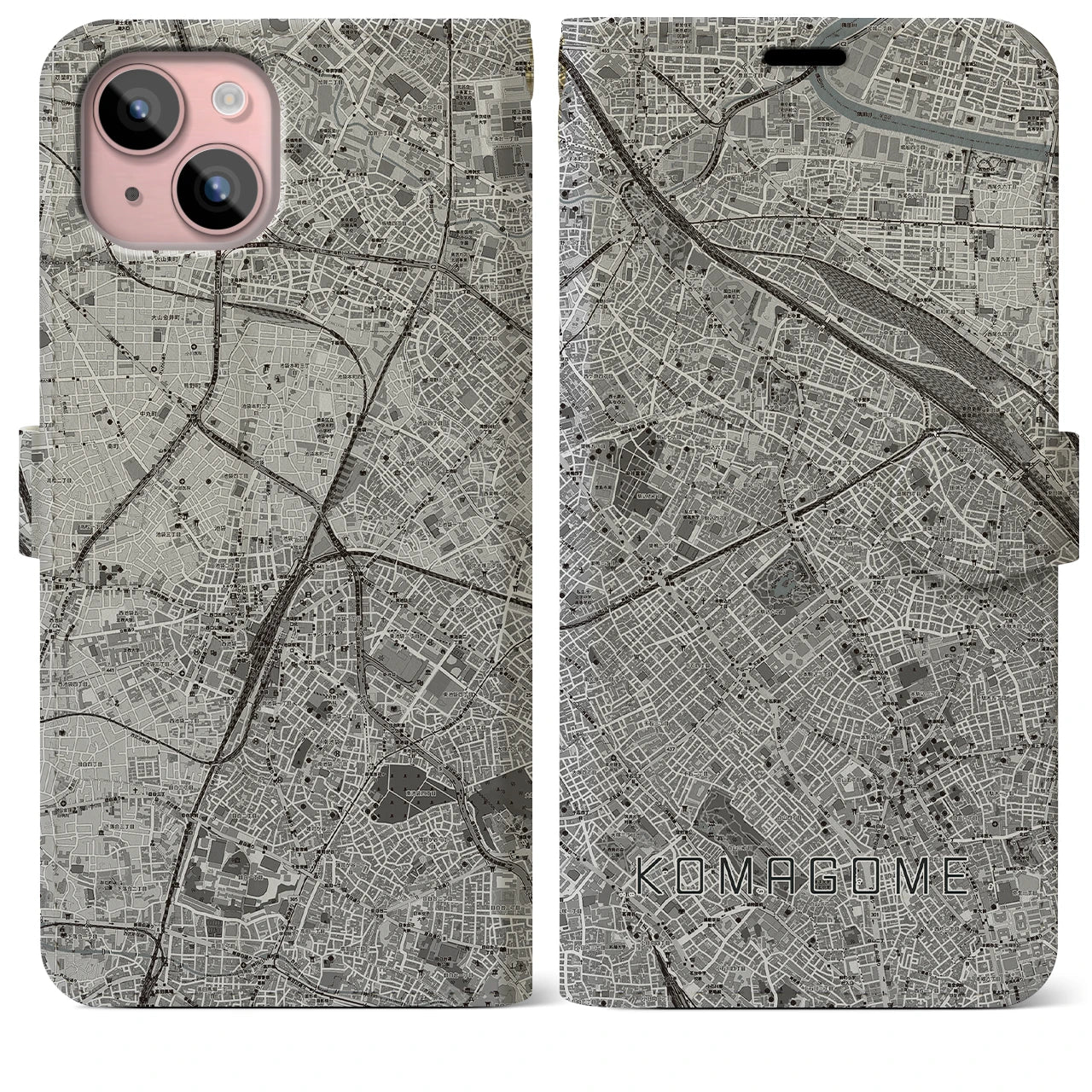 【駒込(東京都)】地図柄iPhoneケース(手帳タイプ)モノトーン・iPhone 15 Plus 用