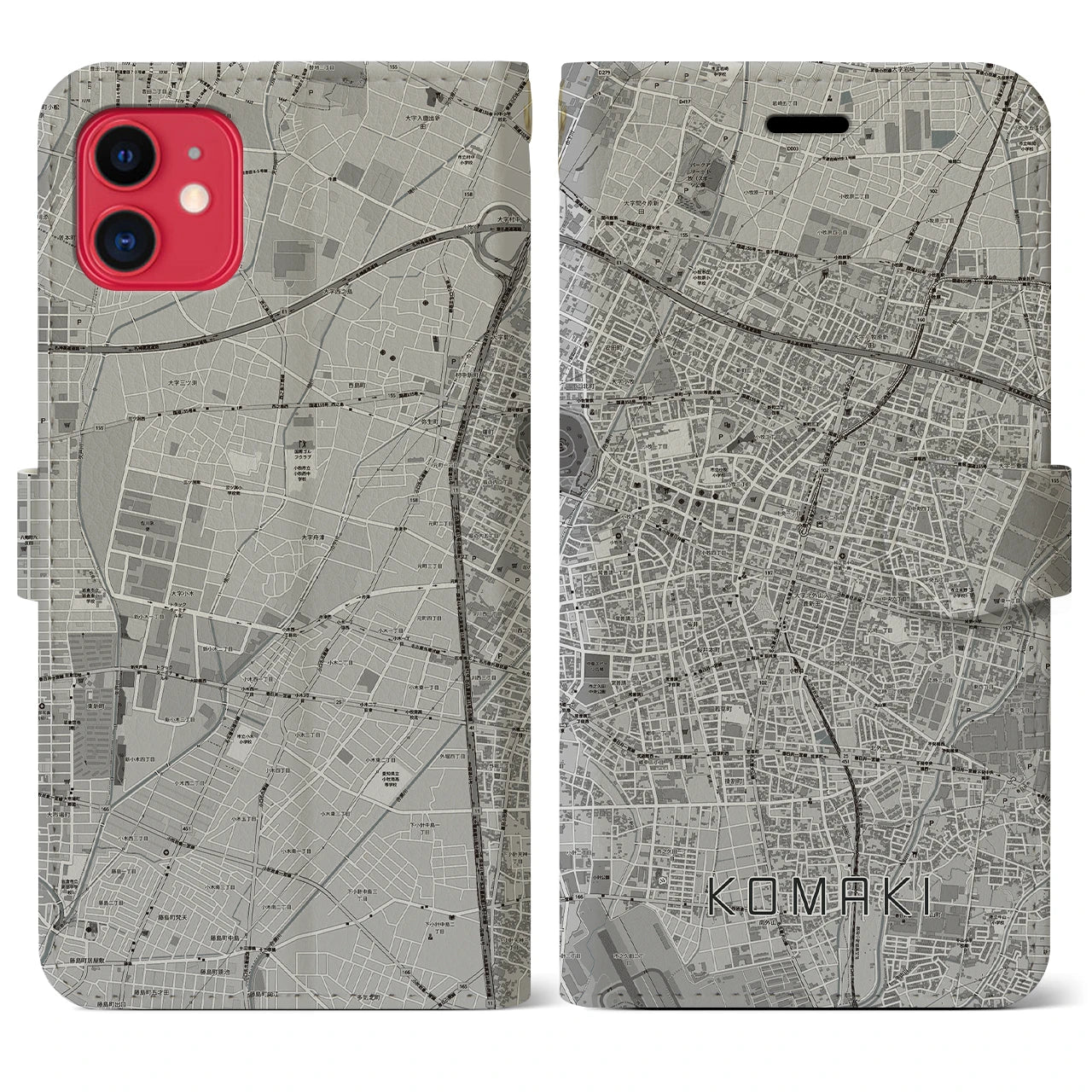 【小牧(愛知県)】地図柄iPhoneケース(手帳タイプ)モノトーン・iPhone 11 用