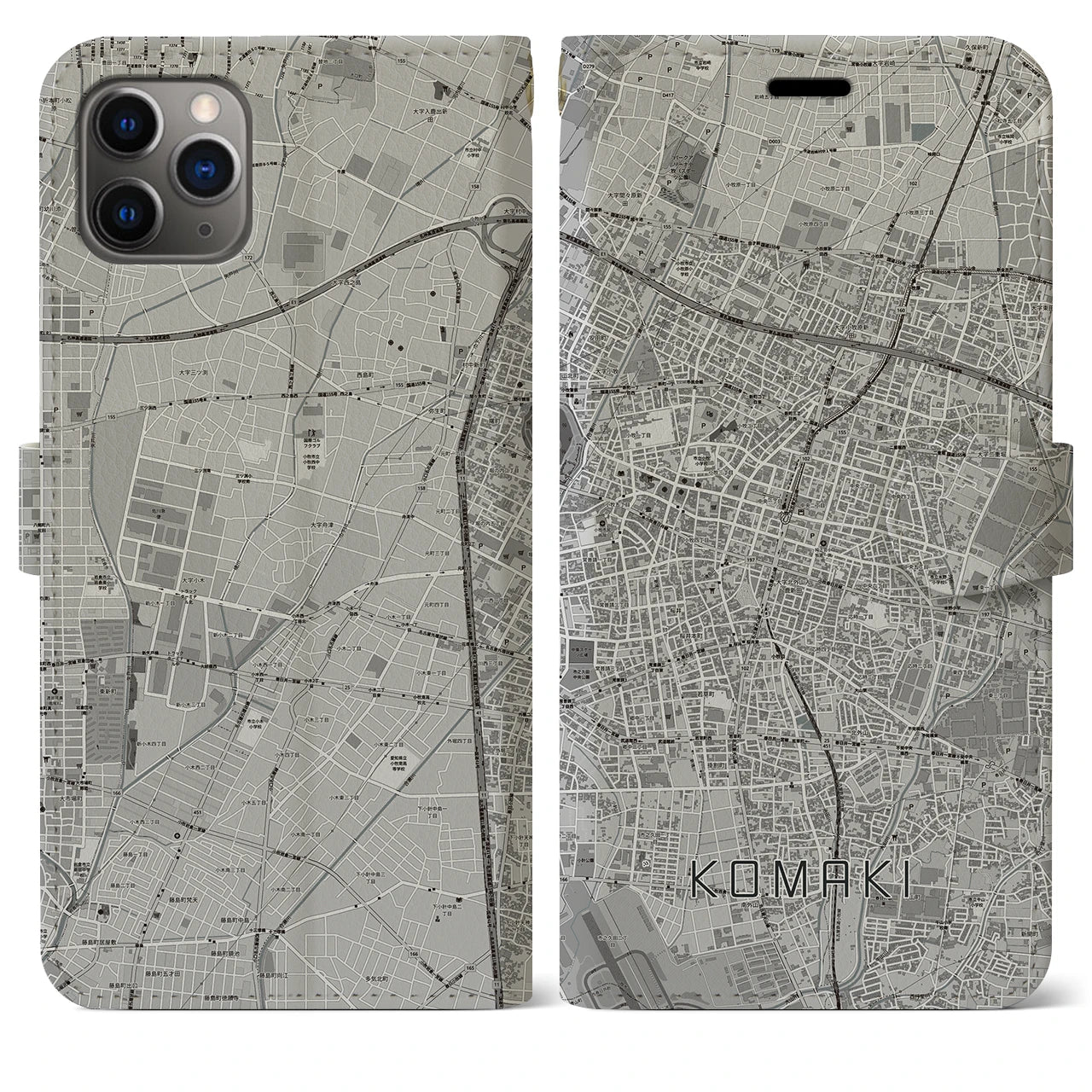 【小牧(愛知県)】地図柄iPhoneケース(手帳タイプ)モノトーン・iPhone 11 Pro Max 用