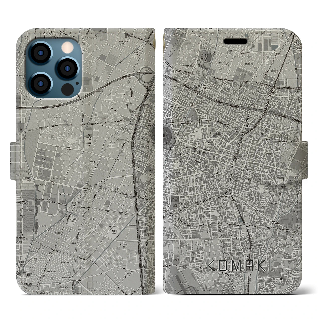 【小牧(愛知県)】地図柄iPhoneケース(手帳タイプ)モノトーン・iPhone 12 / 12 Pro 用