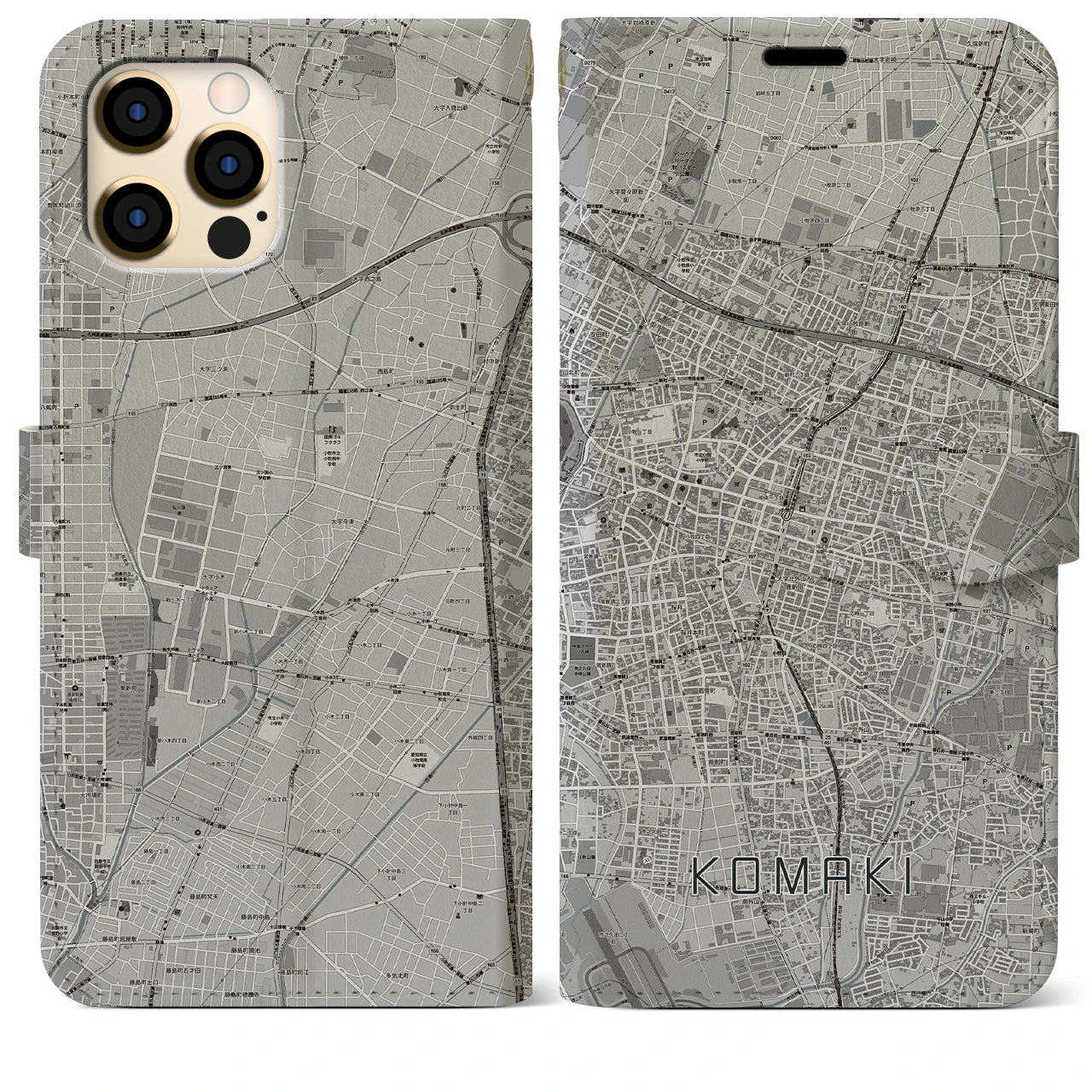 【小牧(愛知県)】地図柄iPhoneケース(手帳タイプ)モノトーン・iPhone 12 Pro Max 用