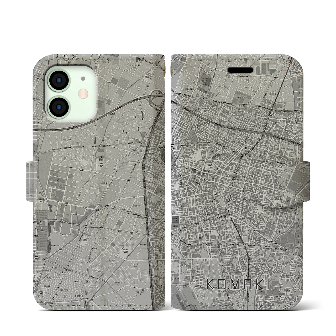 【小牧(愛知県)】地図柄iPhoneケース(手帳タイプ)モノトーン・iPhone 12 mini 用