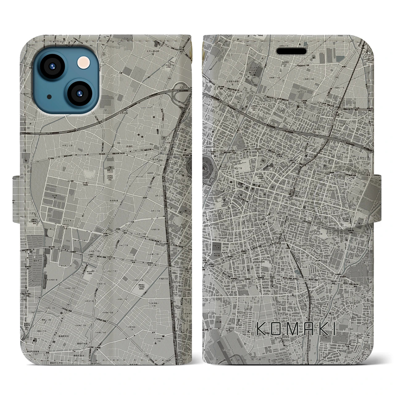 【小牧(愛知県)】地図柄iPhoneケース(手帳タイプ)モノトーン・iPhone 13 用
