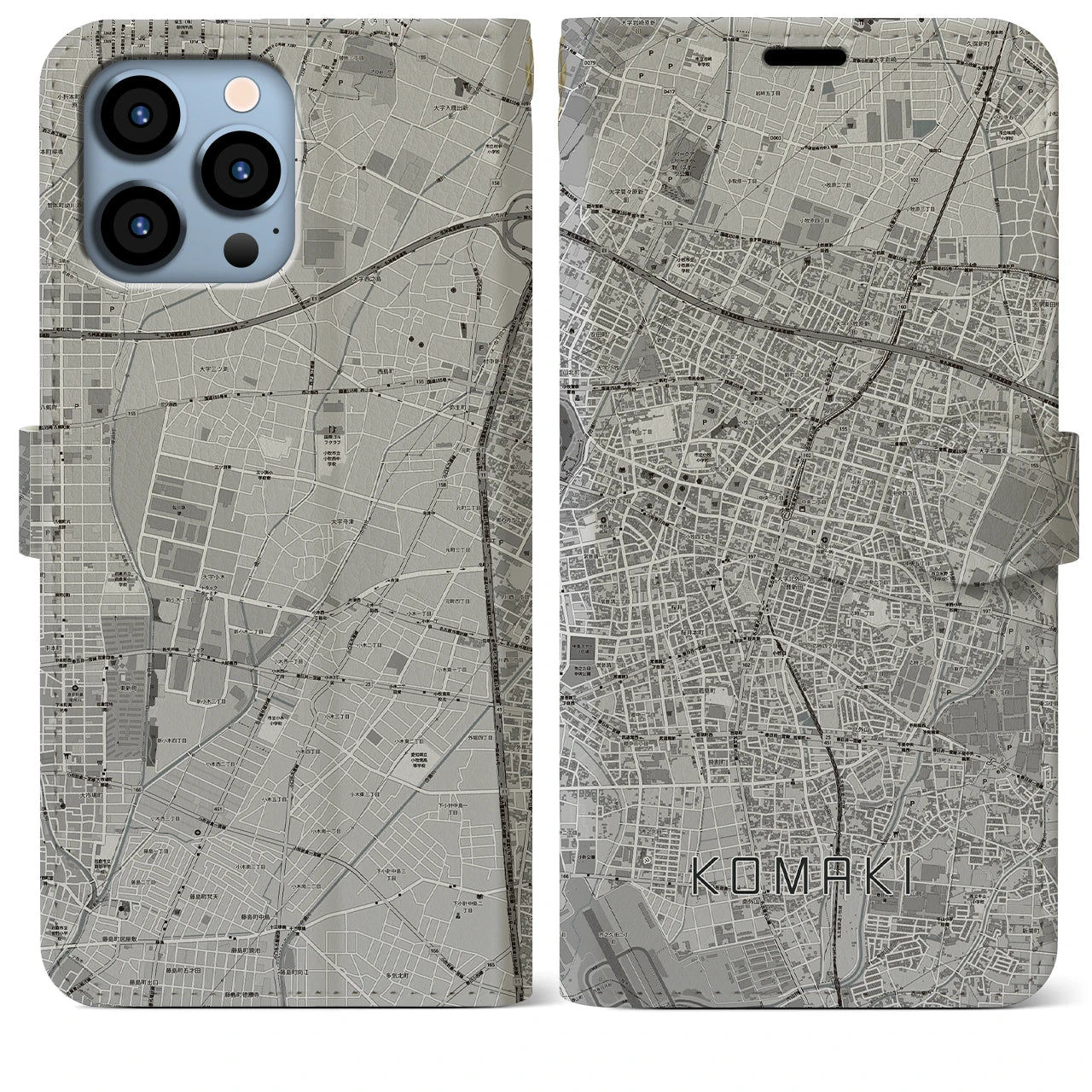 【小牧(愛知県)】地図柄iPhoneケース(手帳タイプ)モノトーン・iPhone 13 Pro Max 用