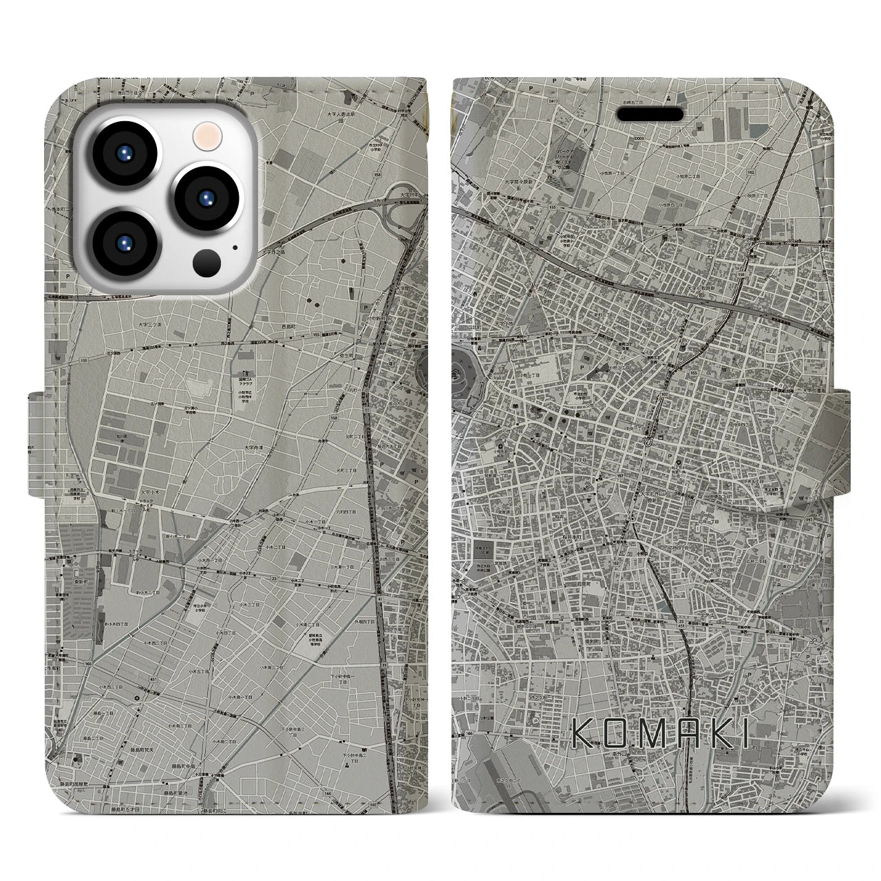 【小牧(愛知県)】地図柄iPhoneケース(手帳タイプ)モノトーン・iPhone 13 Pro 用