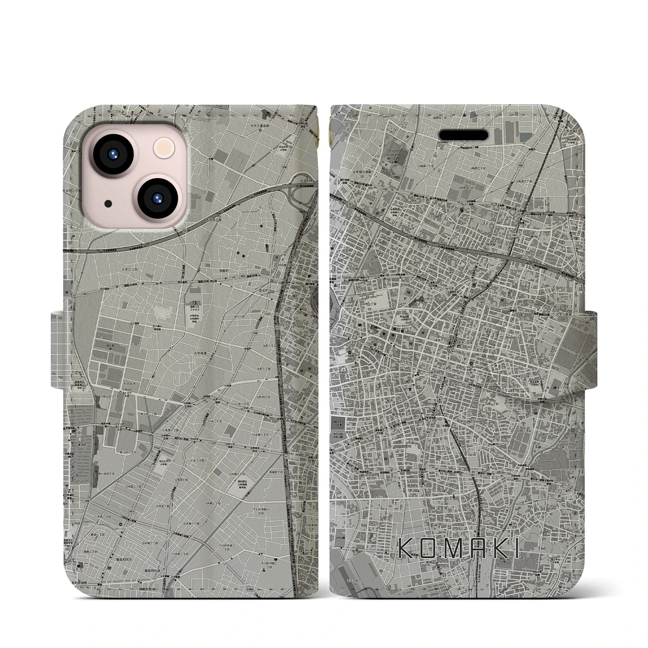 【小牧(愛知県)】地図柄iPhoneケース(手帳タイプ)モノトーン・iPhone 13 mini 用