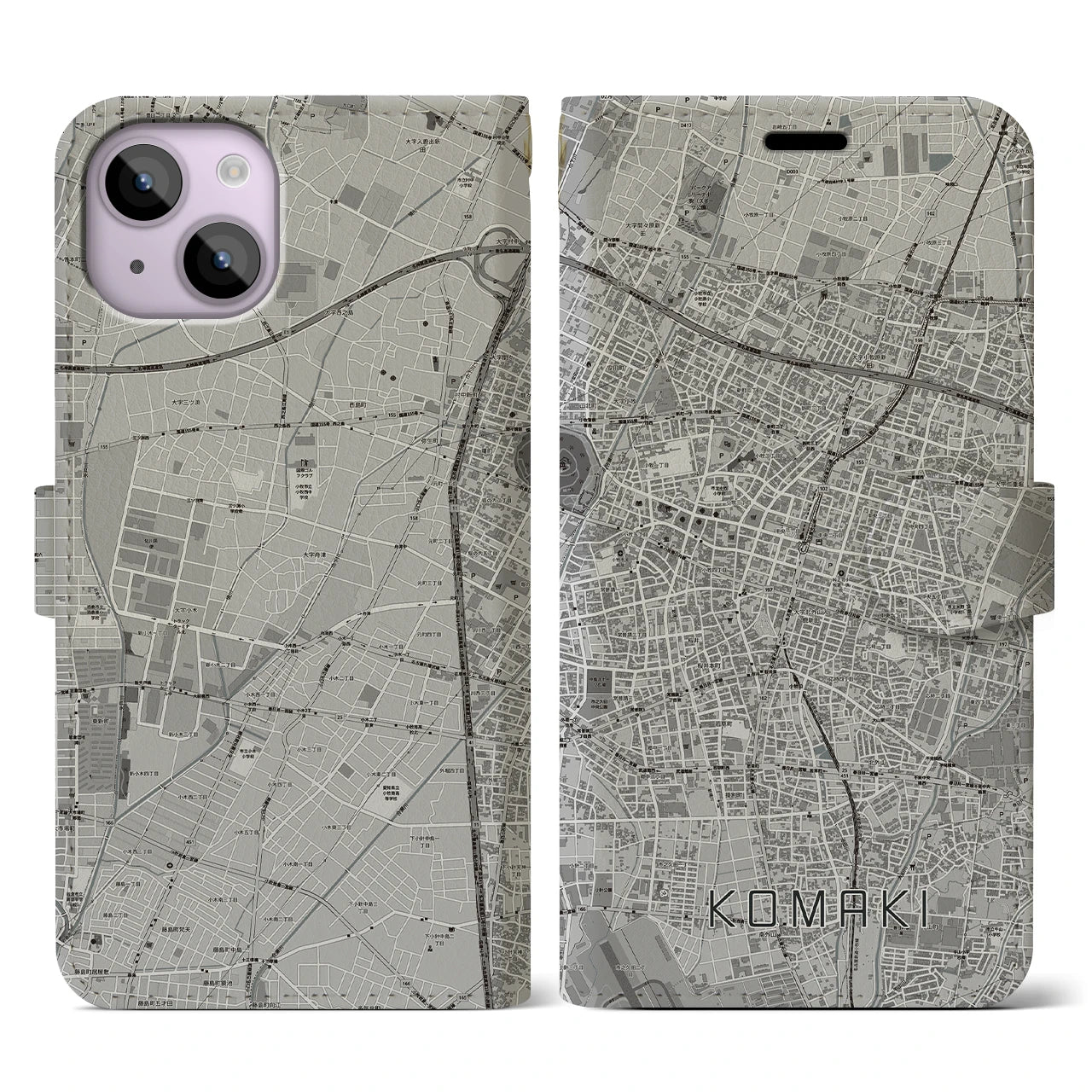 【小牧(愛知県)】地図柄iPhoneケース(手帳タイプ)モノトーン・iPhone 14 用