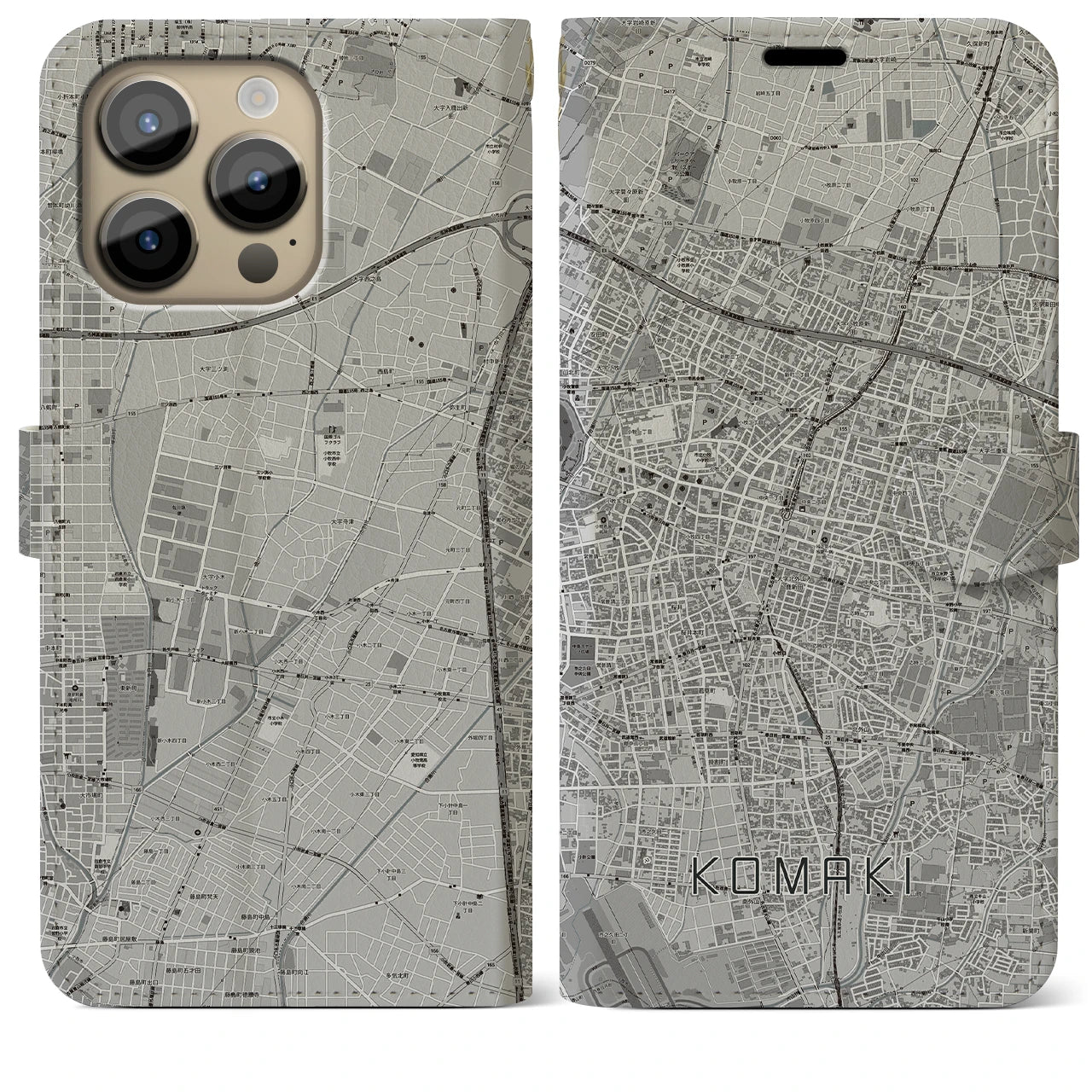 【小牧(愛知県)】地図柄iPhoneケース(手帳タイプ)モノトーン・iPhone 14 Pro Max 用