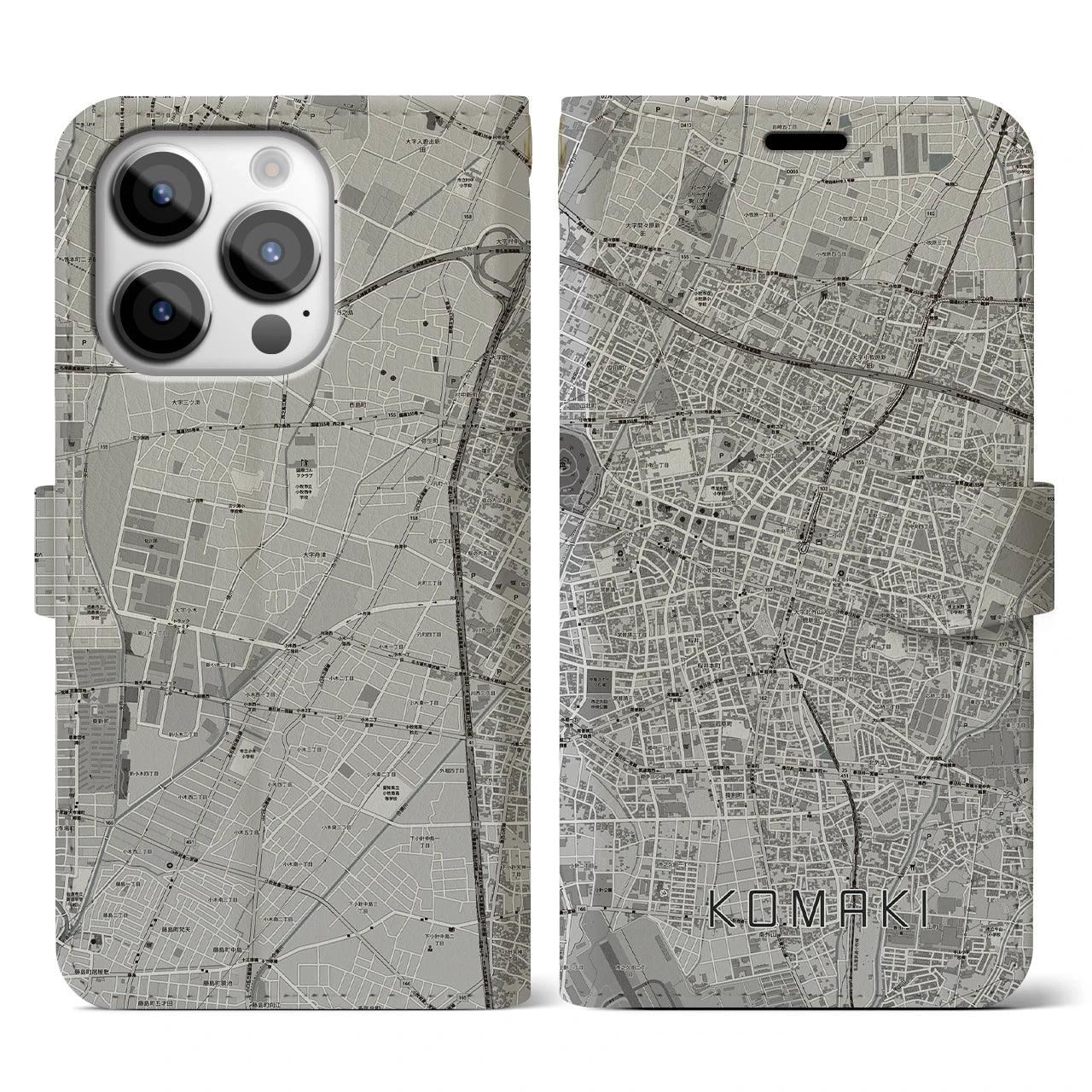 【小牧(愛知県)】地図柄iPhoneケース(手帳タイプ)モノトーン・iPhone 14 Pro 用