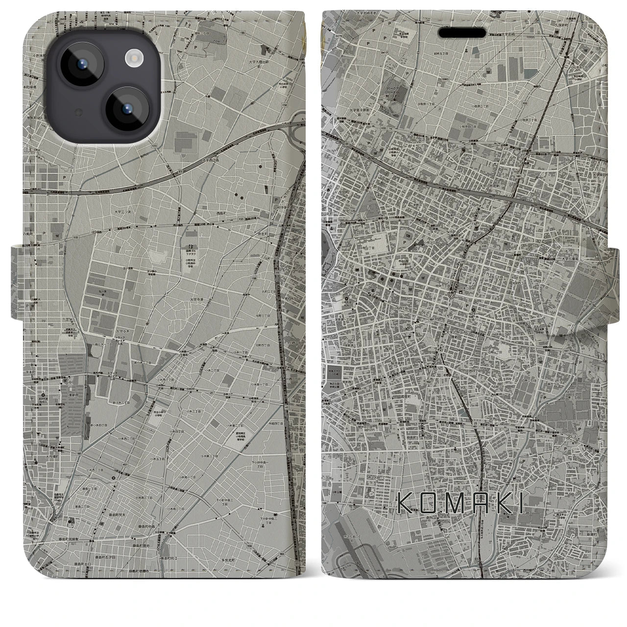 【小牧(愛知県)】地図柄iPhoneケース(手帳タイプ)モノトーン・iPhone 14 Plus 用