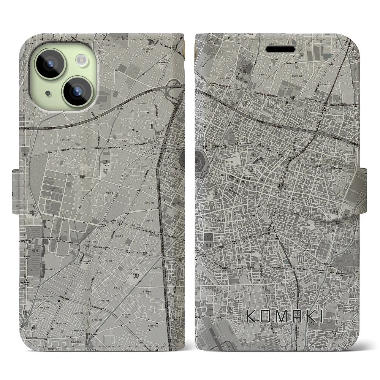 【小牧(愛知県)】地図柄iPhoneケース(手帳タイプ)モノトーン・iPhone 15 用