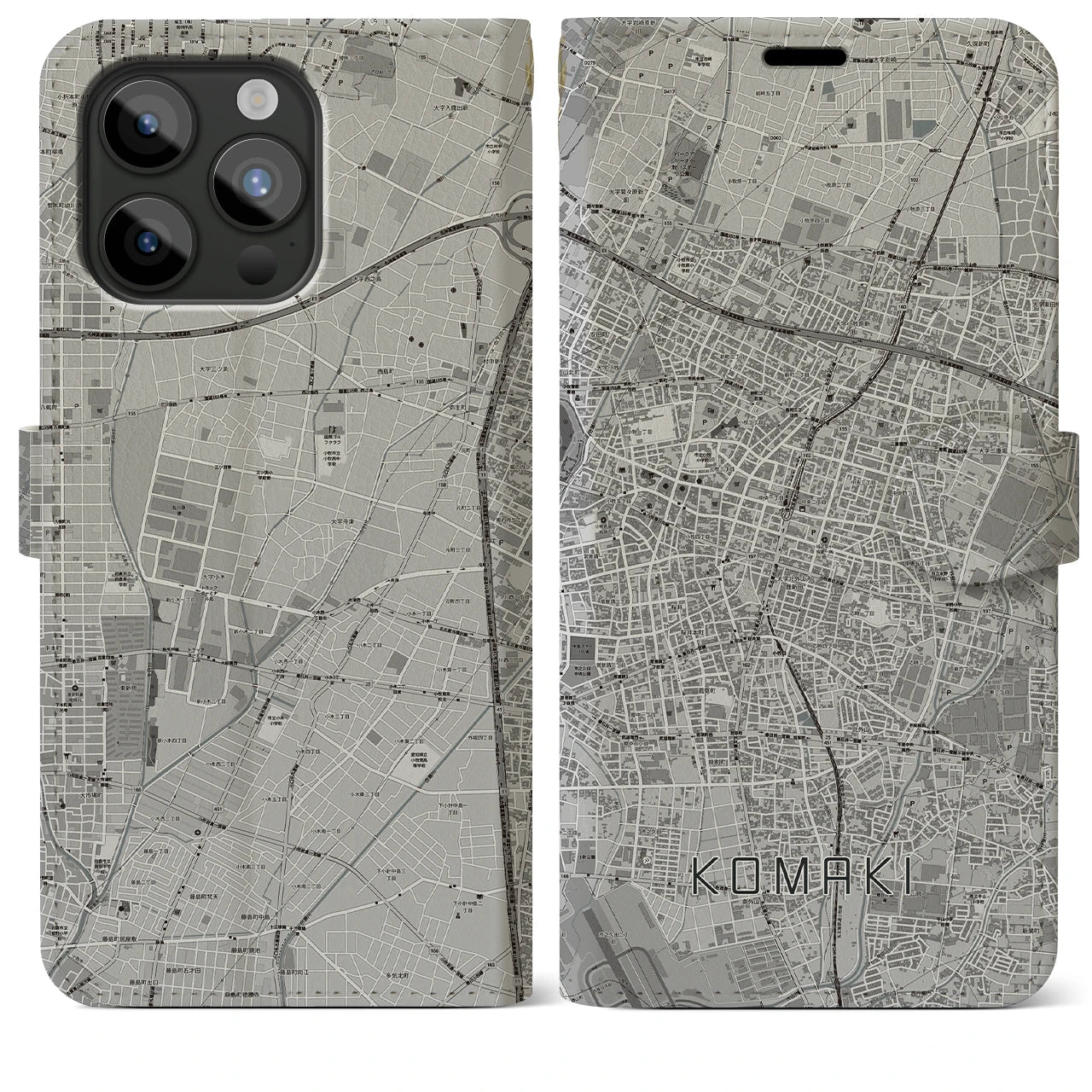 【小牧(愛知県)】地図柄iPhoneケース(手帳タイプ)モノトーン・iPhone 15 Pro Max 用