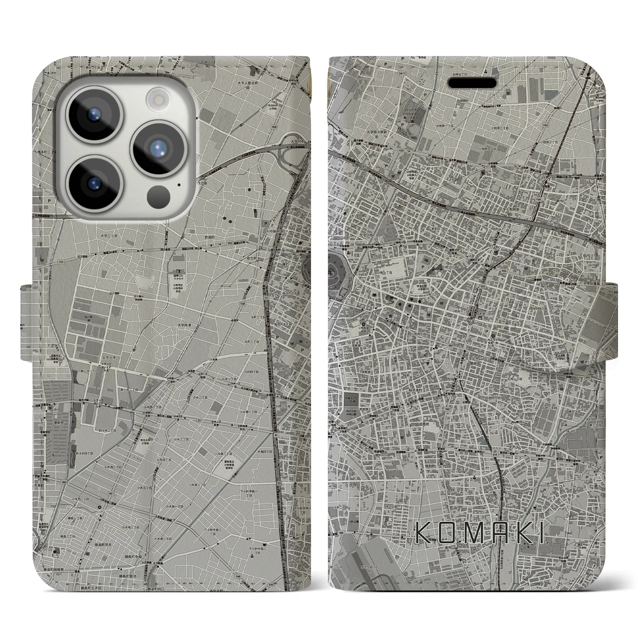 【小牧(愛知県)】地図柄iPhoneケース(手帳タイプ)モノトーン・iPhone 15 Pro 用
