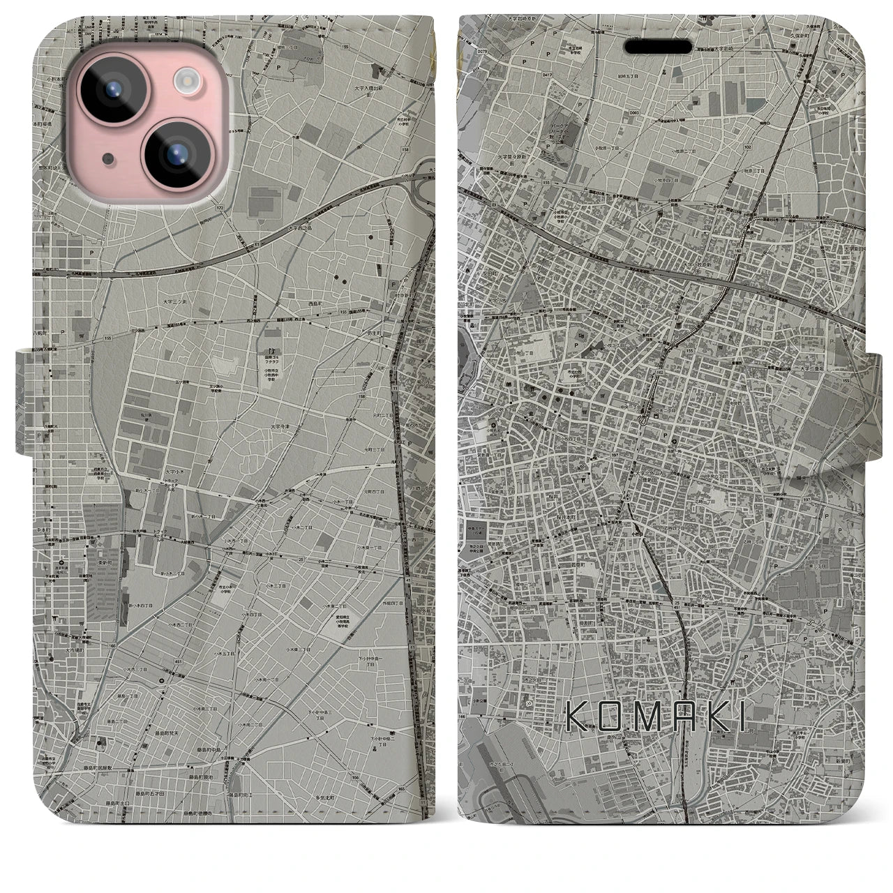 【小牧(愛知県)】地図柄iPhoneケース(手帳タイプ)モノトーン・iPhone 15 Plus 用