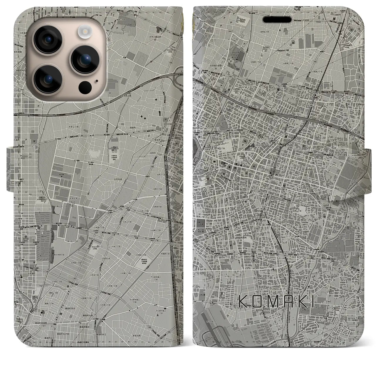 【小牧(愛知県)】地図柄iPhoneケース(手帳タイプ)モノトーン・iPhone 16 Plus 用
