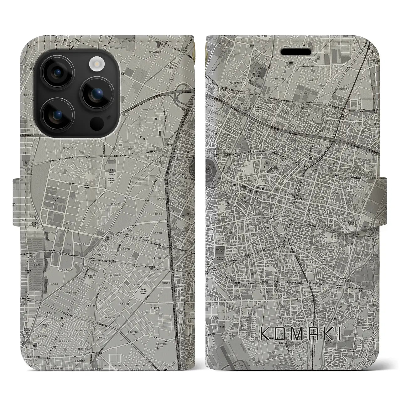【小牧(愛知県)】地図柄iPhoneケース(手帳タイプ)モノトーン・iPhone 16 用