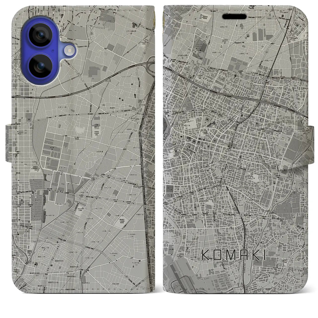 【小牧(愛知県)】地図柄iPhoneケース(手帳タイプ)モノトーン・iPhone 16 Pro Max 用
