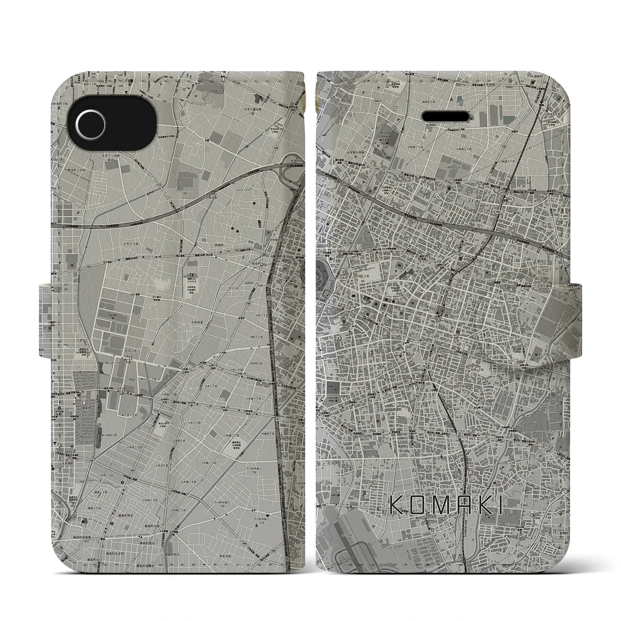 【小牧(愛知県)】地図柄iPhoneケース(手帳タイプ)モノトーン・iPhone SE(第3 / 第2世代) / 8 / 7 / 6s / 6 用