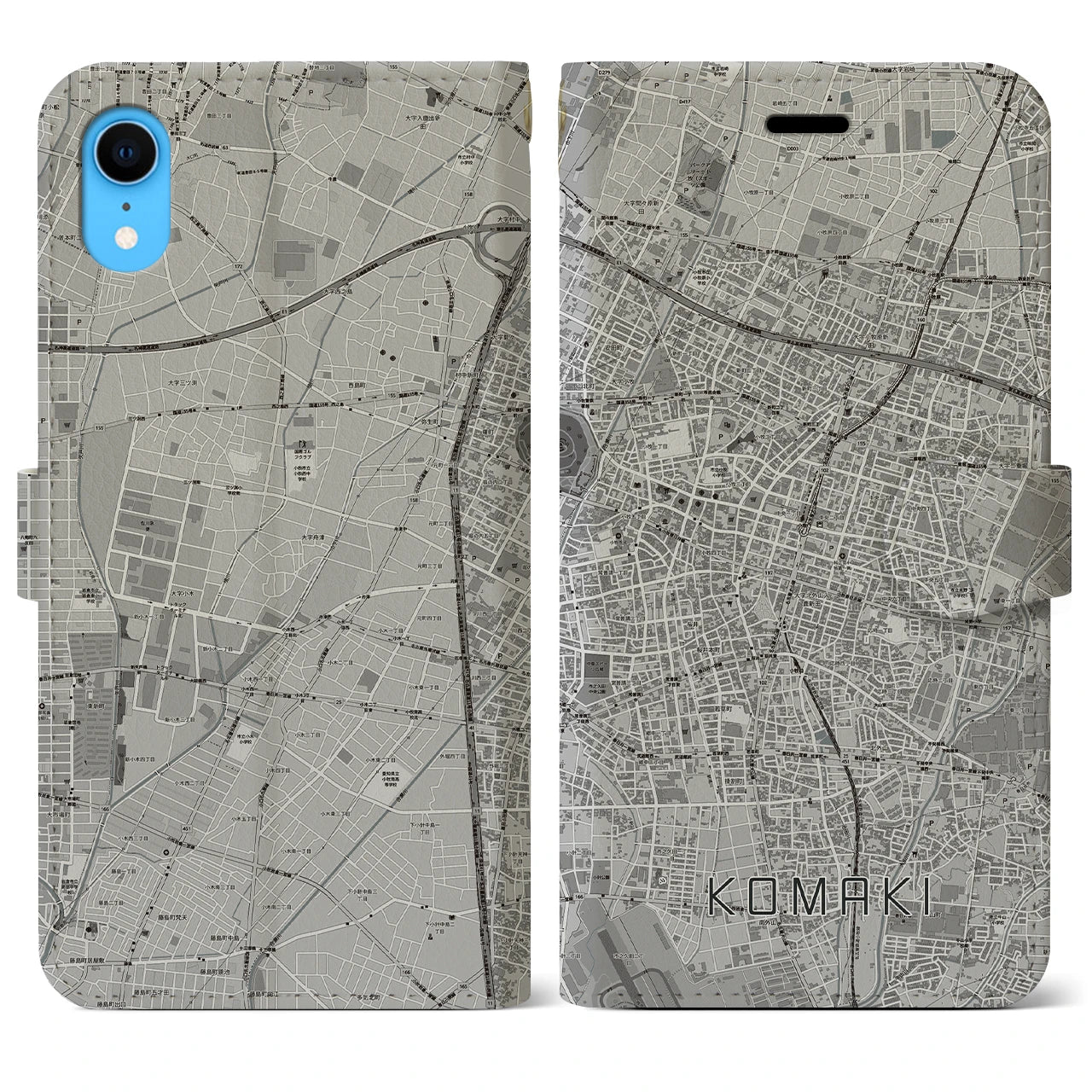 【小牧(愛知県)】地図柄iPhoneケース(手帳タイプ)モノトーン・iPhone XR 用
